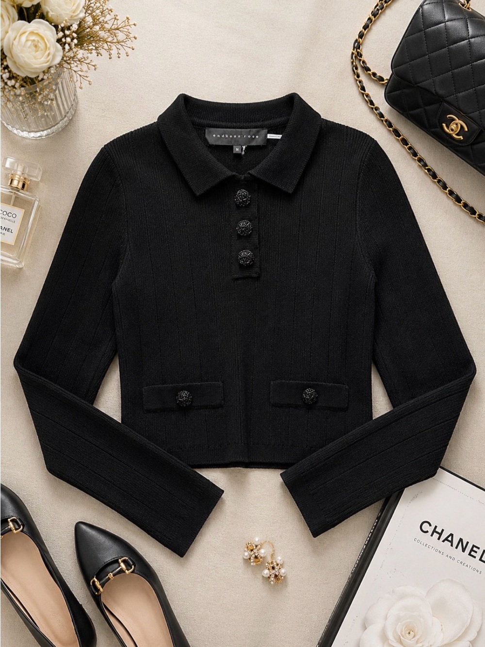 Endless Rose Black Rib Knit Collared Cardigan Sweater Beaded Buttons Size M